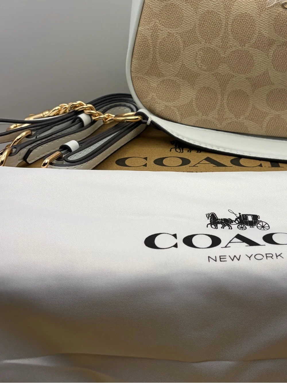 Coach Tan Signature Canvas Shoulder Bag with White Trim